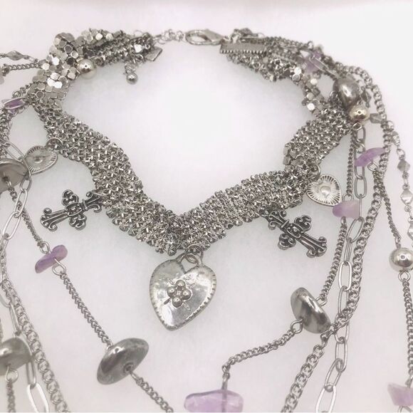 Silver and Purple Choker Layered Necklace - Picture 4 of 7